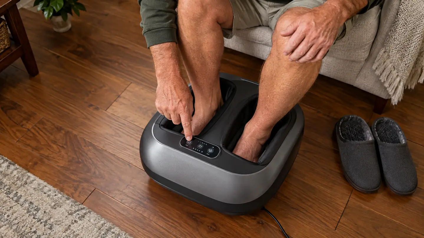 A person's feet resting inside the foot massager with a hand reaching to the control panel, slippers nearby