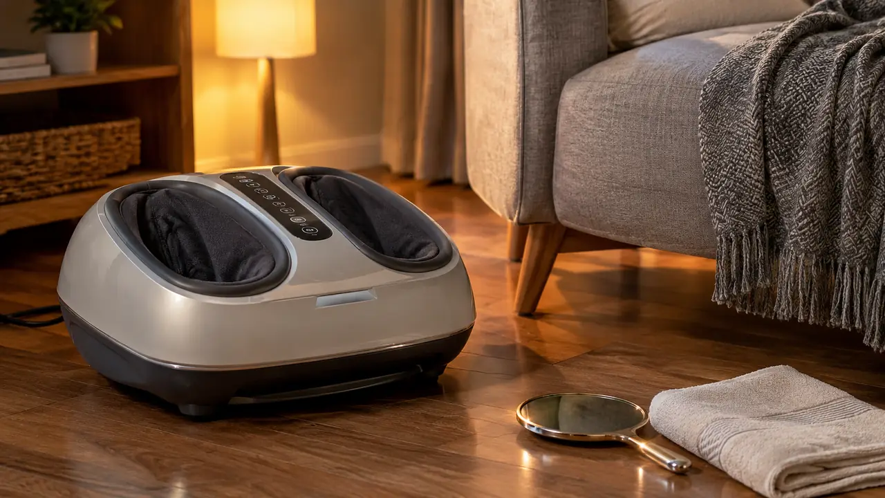 A foot massager on a hardwood floor next to an armchair, with a hand mirror and a folded towel nearby