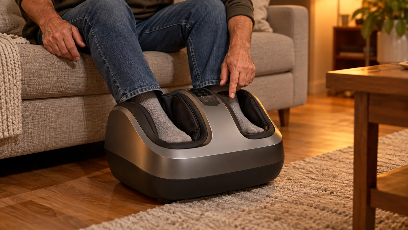 A person's feet resting inside a foot massager on a hardwood floor beside a couch, one hand reaching down toward the control panel