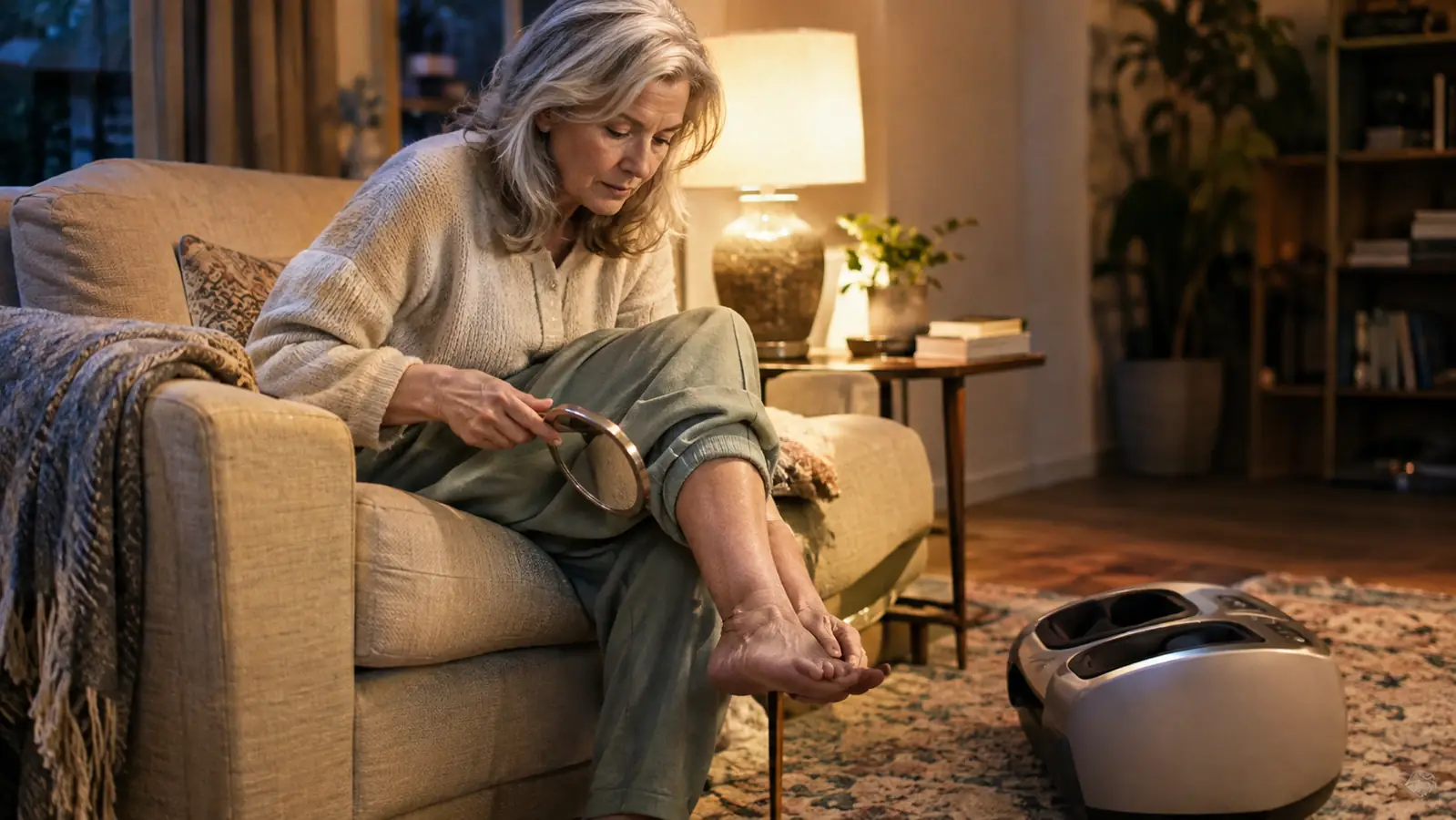 A woman in her sixties sitting on the edge of an armchair, using a small hand mirror to check the bottom of her foot, a foot massager on the floor nearby