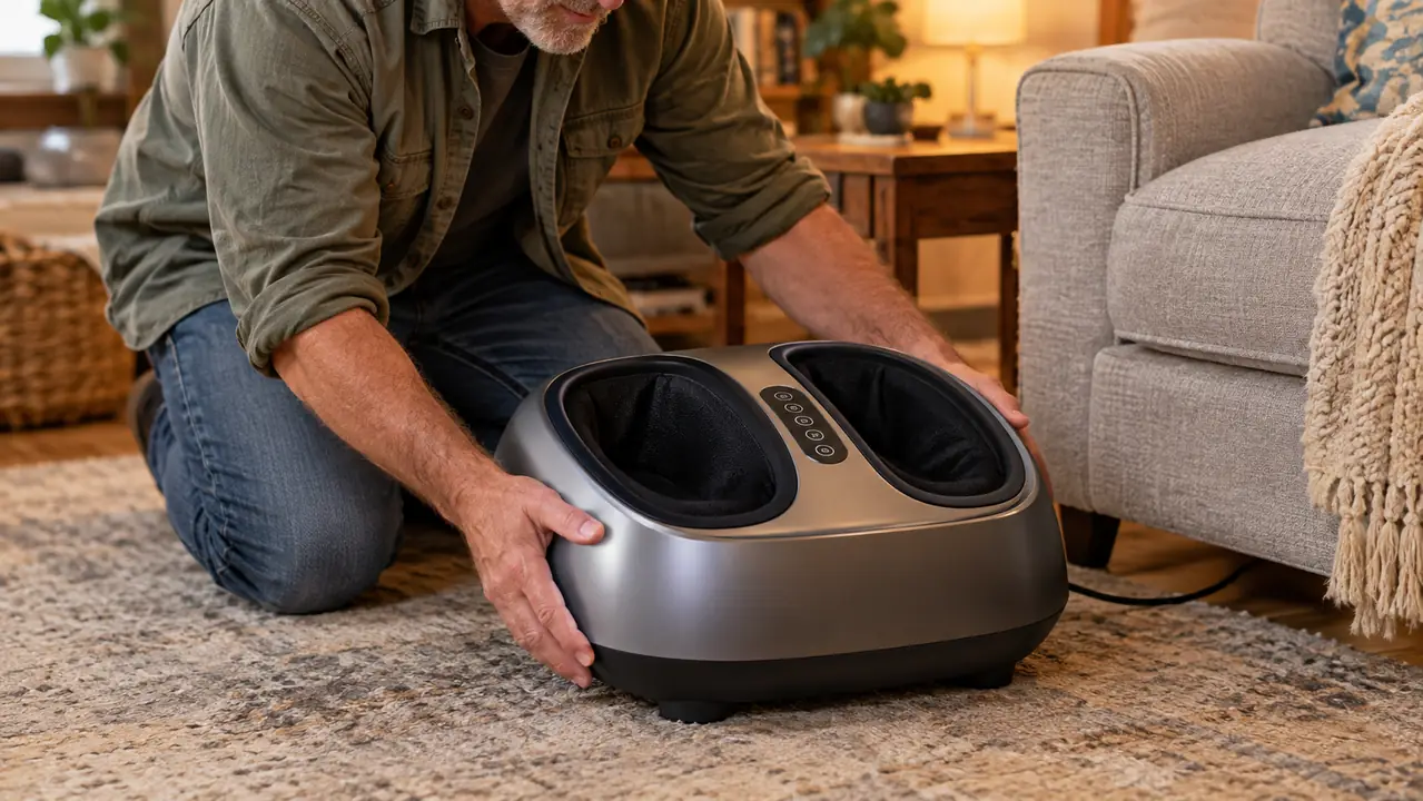 A person's hands placing a foot massager on the floor beside a living room chair