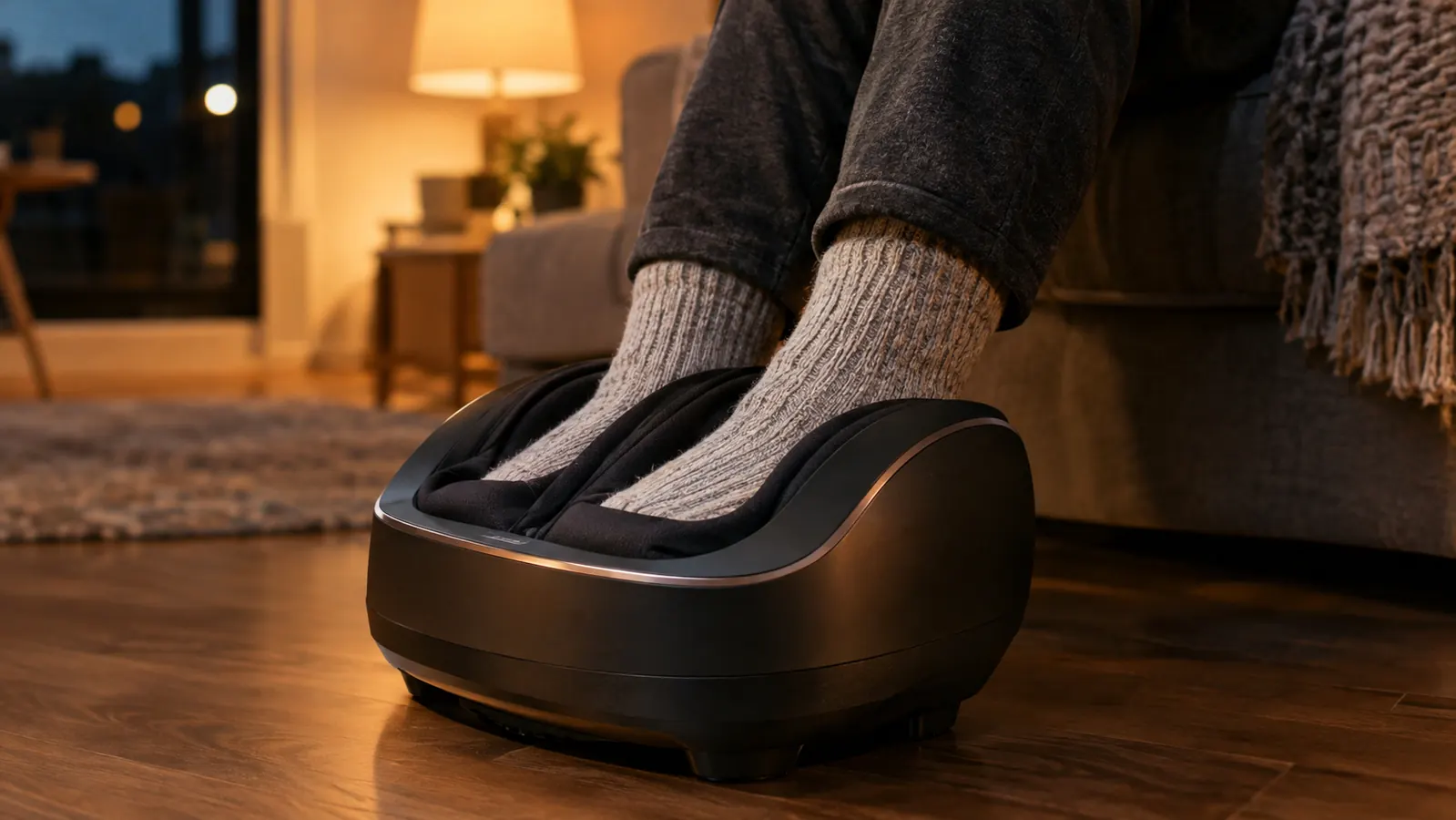 A close-up of a person's feet in thick socks resting in a foot massager on a hardwood floor, warm lamp light